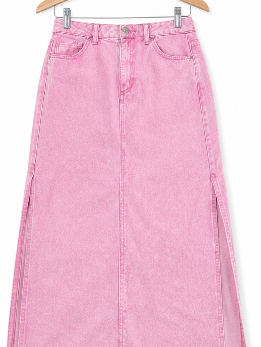 Stradivarius Pink Denim Maxi Skirt Side Slit Y2K Size 4